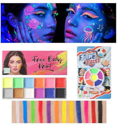 ROKZELT Pintura Fluorescente, 18 Colores, Pintura Facial & Corporal, Maquillaje Infantil, Lavable, No Tóxico, Neon Für Halloween, Carnaval, Navidad, Niños & Adultos