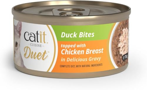 Catit Cuisine Duet, Duck Bites topped with Chicken Breast in Delicious Gravy, Grain Free Wet Cat Food for Adult Cats, High Meat Tinned Cat Food in Gravy 1 x 75g (Pack of 6)