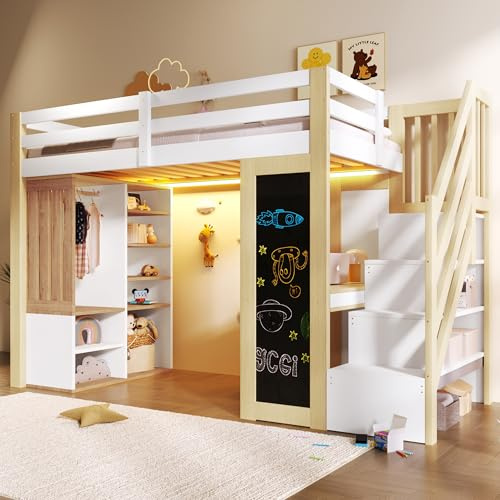 Lcoho Hochbett 90x200 mit Schreibtisch, Regalen, Kleiderschrank, Aufbewahrungsleiter, Weiß+Natur