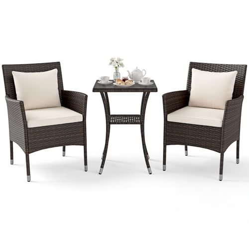 LIFEZEAL 2 Gartenstühle aus PE-Rattan mit quadratischem Tisch aus Hartglas, Wohnzimmer mit abnehmbarem Kissen, Gartenmöbel-Set für den Außenbereich, Sessel, Pool, Hof, Belastung 180 kg (Beige2)