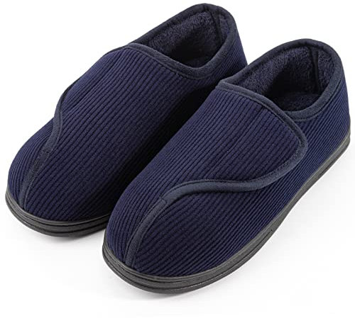 LongBay Men's Memory Foam Diabetic Slippers Comfy Warm Plush Fleece Arthritis Edema Swollen House Shoes Navy Blue, 11 UK