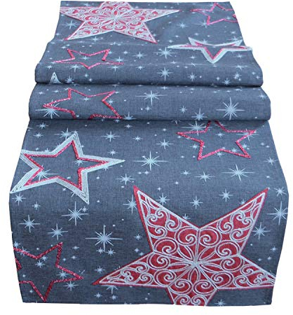 Raebel OHG Tischdecke dunkelgrau Stickerei Sternenmotiv Weihnachten Weihnachtsdeko Weihnachtstischdecke Mitteldecke Tischdeko Tischdecke (40 x 85 cm)