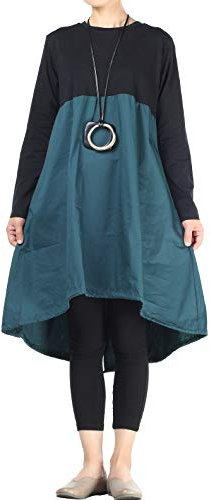 Vogstyle Damen Langarm A-Linie Beiläufige Lose mit Tasche T-Shirt-Kleid Art 3-Blau L