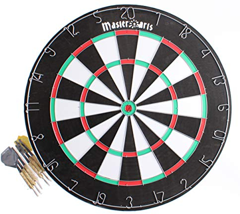 Masterdarts Dartscheibe mit 6 Darts Pfeile - Dartboard Ø45cm - Dartpfeile Metallspitze - Dartscheibe Kork mit Aufhänge Haken - Dart Set - Schwarz/Rot/Weiß/Grün