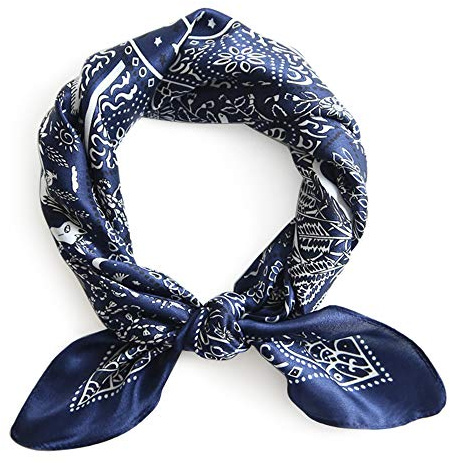 MEISEE Pure Mulberry Silk Scarfs Women Small Square Scarf 21 x 21 Breathable Lightweight Neckerchief Printed Headscarf (A-30 Flowers-Blue)