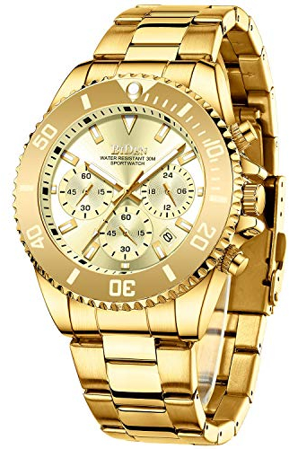 BIDEN Orologio Uomo Orologio Acciaio Cronografo Impermeabile Luminosi Design Orologi Quadrante da Polso Elegante Analogici Data dorato
