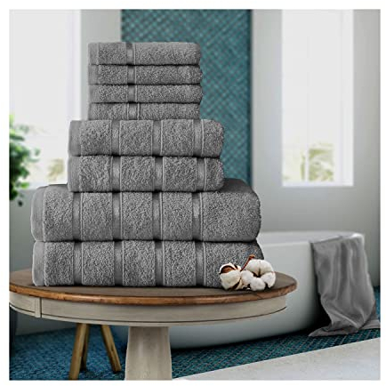 FAIRWAYUK Handtuch-Set für Badezimmer, ultraweich, hochwertig, wasserabsorbierend, Geschenksets, 100 % ägyptische Baumwolle, 4 x Gesicht, 2 x Hand, 2 x Badetücher, 8-teilig, Silberfarben