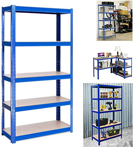 Garagen-Regal, 180 x 90 x 40 cm, extra breit, robust, für Küche, Werkstatt, Schuppen, Büro, Lagerung, Blau, 5 Etagen – 175 kg Tragkraft pro Regal