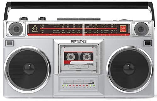 RIPTUNES Boombox Radio Cassette Player Recorder, AM/FM -SW1/SW2 Radio, Wireless Streaming, USB/Micro SD Slots, Aux in, Headphone Jack, Convert Cassettes to USB/SD, Classic 80s Style Retro, Silver