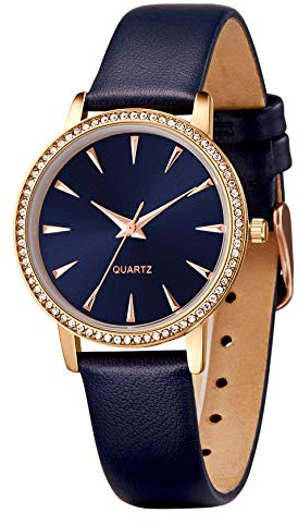SURVAN WatchDesigner Uhr Damen Elegant Stil Leder Armband Diamant Zifferblatt Spitzen Förmig Ziffer mit Saphirglas Modisch Quarzwerk Mode Accessoire (Blau)