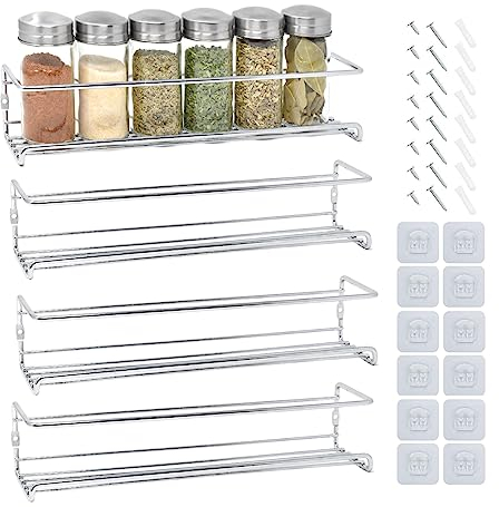 Joejis 4 Tier Metal Spice Racks, Wall Mounted Spice Jar Storage Rack Organiser, Hanging Spice Rack for Inside Cupboard, Strong Adhesive No Drill for Spices Condiments Cooking Tools, Silver