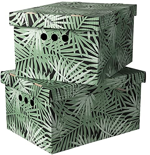 SOFTILLO Cardboard Storage Boxes with Lid Decorative Wardrobe, Closet, Home & Office Organiser with Handle Flat-Packed, Stackable File Box Gift for Adults & Kids Set of 2 XLarge Tropical Green