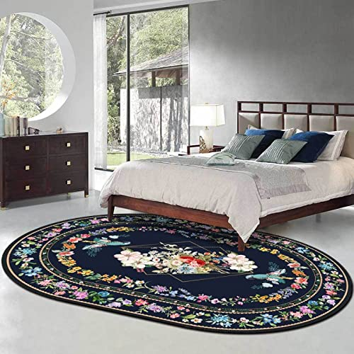 Rururug Teppich Oval Wohnzimmer Kurzflor mit Antirutschmatte Schlafzimmer Teppiche Anti-Rutsch Unterseite Sofa,Bunte, Florale Bordüre, Fliegende Vögel, Oval 110 x 180 cm