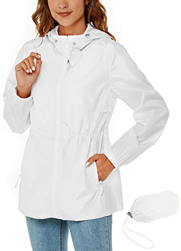 Rapbin Regenjacke Damen Wasserdicht Windbreaker Leicht Packbare Regenmantel mit Kapuze Atmungsaktiv Windjacke Outdoor Wandern Weiß XXL