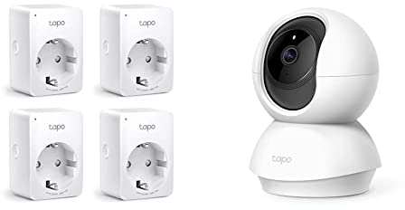 TP-Link Tapo Smart WLAN Steckdose,Alexa Steckdose 4er Pack, Smart Home WiFi Steckdose,Kein Hub notwendig, Mini & TP-Link Tapo C200 WLAN IP Kamera Überwachungskamera, Weiß