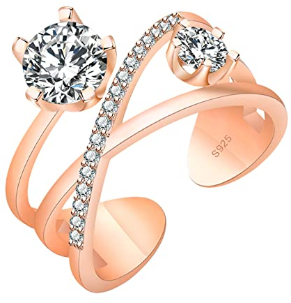 Einstellbarer Zirkon-Mikro-Set-Ring, vielseitige Schichtmode, offene Doppelringe Der Ringe Ring Silber 925 (Rose Gold, One Size)