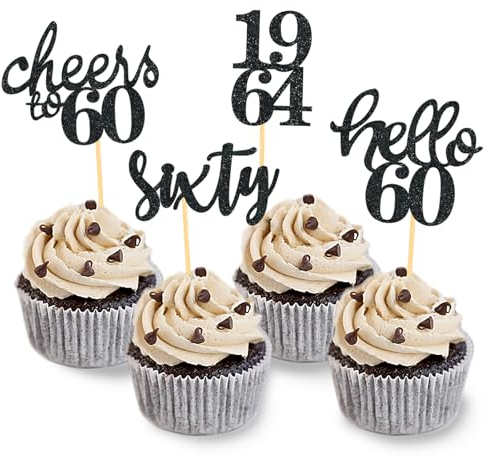 24 Stück Glitzer 60. Geburtstag Cupcake Topper Geburtstagsdeko von 1965 für 60 Geburtstagsfeier Zubehör Party Dekoration Kuchendekoration (Schwarz)