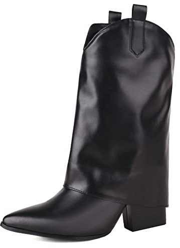 MJIASIAWA Donna Senza Chiusura Moda A Collo Alto Sequins Stivali Western Pelle Lined Sposa Vestito Warm Tacco Alto A Blocco Stivali Equitazione Nero Numero 34 Eu