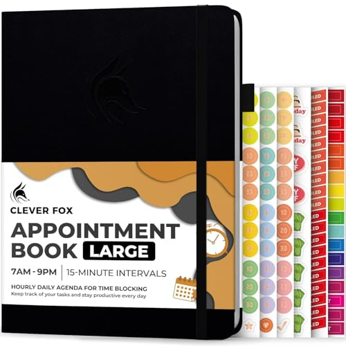 Clever Fox Appointment Book, 15-Minute Daily Planner, Undated Black | Large 21x28 cm, 15 minute increments, Hardcover ourly book with time slots for women & men, Weekly pages & monthly calendars
