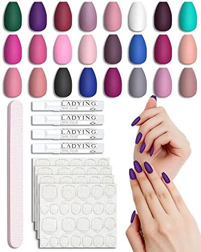 LADYING 24 Packs (576 PCS) Matte Coffin Press on Nails Kit Medium,Coloured Ballerina False Nails with Nail File,Reusable Stick on Nails for Women,Nail Art French for Fake Nail