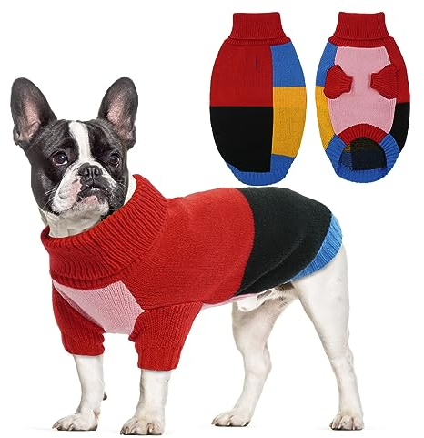 Hjumarayan Hundepullover - Rollkragen für Mittelgroße Hunde, Farbblockierung mit Beinen, Warm mit Geschirr Loch für Französische Bulldogge, Rot XL
