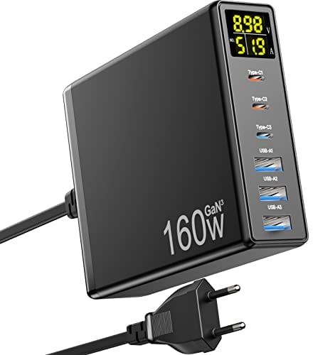 USB C Ladegerät, 160W GaN 6-Port Schnellladegerät mit LED-Anzeige, Netzteil mit 3 USB-C und 3 USB-A Mehrfach Ladestation PPS PD 3.0 Charger für MacBook Pro Laptop iPhone iPad Samsung
