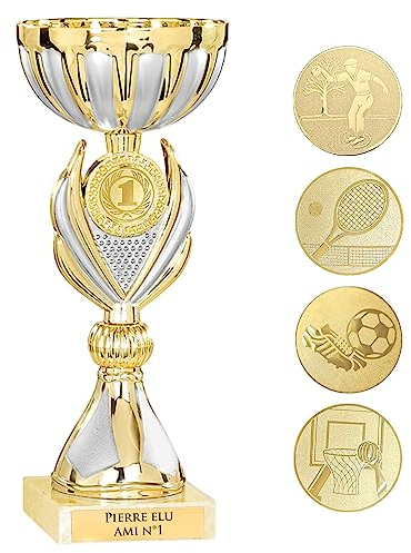 KDO MAGIC Trophée Personnalisable - Coupe personnalisée avec Texte - Gravure - Plusieurs modèles - Or et Argent - Cadeau fête des Pères, Anniversaire, Sport (Modèle Numéro 1)