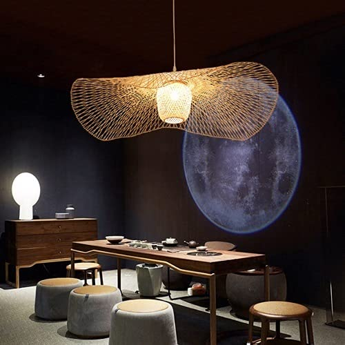 HWSY Lustre en bambou tropical chinois Lustres en forme de chapeau de paille rustique Abat-jour en globe Plafonnier en rotin tissé à la main Lampe à suspension pour îlot de cuisine
