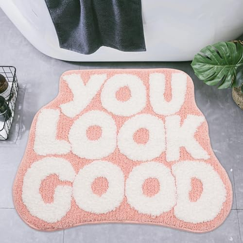 Waslary 64x54cm Tapis de Bain Antidérapant Amusant Tapis de Toilette Absorbant You Look Good Tapis de Porte Décor de Salle de Bain Tapis de Bain Lavable en Machine (Couleur Rose)