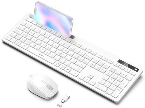 Wireless Keyboard and Mouse Set, Wireless Keyboard Mouse Combo with USB A and USB C Receiver, Full Size Layout with Phone Holder Compatible with Macbook Air/Pro Windows PC/Desktop/Laptop, White