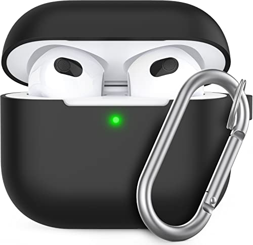 AHASTYLE AirPods 3 Hülle Silikon Schutzhülle und Case für AirPods 3 [Kabelloses Laden] [Front-LED Sichtbar] Kompatibel mit AirPods 3. Generation (Mit Karabiner, Schwarz)