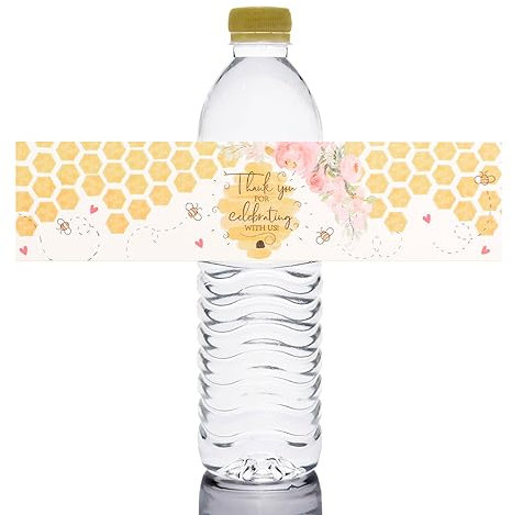 URROMA 48 PCS Bee Theme Bottle Labels, Thank You For Celebrating With Us Party Decorations Bee Birthday Self-Adhesive Stickers for Water Bottle with Little Bumble Bees