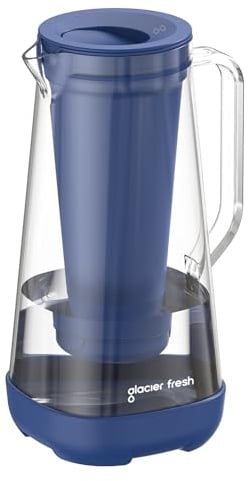 GLACIER FRESH Glass Water Filter Jug | 3L | 1x Activated Carbon + 1x Ultrafiltration Filter | Removes Chlorine, Fluoride, Limescale, Heavy Metals Such as Lead, Copper | Blue