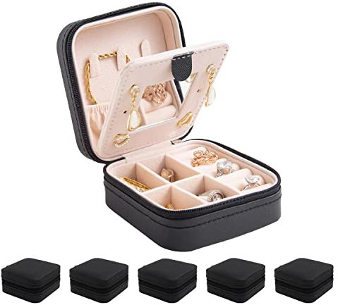 KElofoN Reise-Schmuckkästchen, Schmuckschatulle, Schmuckdose, Reise-Schmuck-Organizer, kleine Schmuck-Organizer-Box für Mädchen und Frauen, mit Spiegel (Schwarz-5)