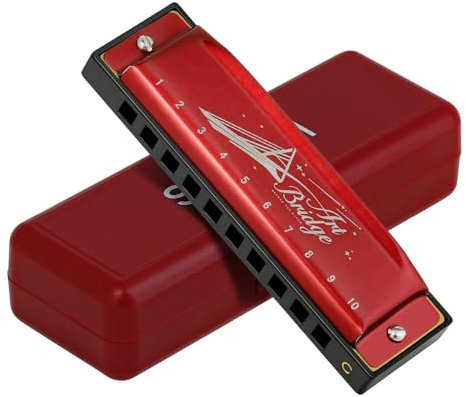 Blues-Mundharmonika für Erwachsene in C-Tonart – authentische diatonische Mundorgel mit 10 Löchern und 20 Tönen für gefühlvolle Melodien – für Anfänger, Profis und Studenten, Geschenk, mit Etui (rot,