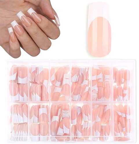 DMQ French False Nails Kit, 360Pcs Square Press on Nails Long, Ballerina Nude French Fake Nails Acrylic Nail Tips 15 Sizes Stick on Nails for Women Girls French White Tip