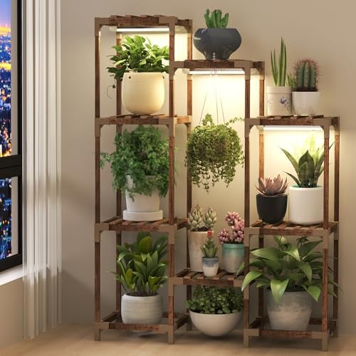 HOMKIRT Pflanzenständer mit Wachstumslicht, beleuchtetes Pflanzenregal für mehrere Pflanzen, Holz hohes Pflanzenregal mit Wachstumslichtern, Blumenständer für Ecke, Wohnzimmer, Terrasse, Garten