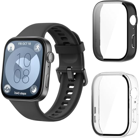 Aerku Funda Compatible con Huawei Watch Fit 3, 9H HD Anti-Choque Parachoques Anti-rasguños Protector Duro PC Marco Cristal Templado Protector de Pantalla Funda - Transparente&Negro