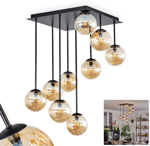 HOFSTEIN Deckenleuchte Chehalis, Deckenlampe aus Metall/Glas in Schwarz/Bernsteinfarben, Leuchte im modernen Retro/Vintage-Design mit Schirmen aus Glas (Ø 12 cm), 9 x G9, ohne Leuchtmittel