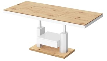 designimpex HM-120 Couchtisch Eiche Artisan/Weiß Hochglanz ausziehbar höhenverstellbar 120/170cm Schublade modern Wohnzimmertisch Esstisch Beistelltisch Sofatisch platzsparend hochwertig Wohnzimmer