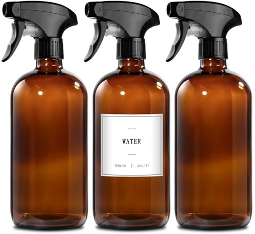 gmisun Spray Bottles for Cleaning, 16 OZ Glass Spray Bottle, 3Pack Glass Spray Bottles For Cleaning with Watertight Labels, Amber Spray Bottle with Adjustable Spray Nozzle