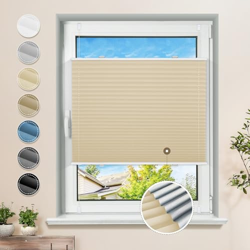Plissee ohne Bohren Verdunkelung Klemmfix Hellbeige 45x120cm Thermo Plissees 100% Verdunklung Rollos für Fenster & Tür Verdunklungsplissee ohne Bohren Sichtschutz und Sonnenschutz