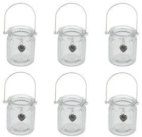 NaDeco Windlichter aus Glas mit Henkel und Herzanhänger 6 Stück H. 9 cm Ø 8cm | Teelichtgläser | Tischdeko Vasen | Hänge Vasen | Teelichtgläser zu Hängen | Dekovasen zum Aufhängen