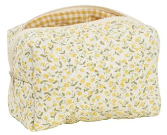 Aikeis Gesteppte Kosmetiktasche, Elegante Kosmetiktasche mit Blumenmuster, weiches Baumwollmaterial, viel Platz für Make-up-Pinsel und Beauty-Tools (gelb), Kariertes Futter