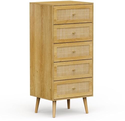 VonHaus Tall Chest of Drawers - Scandi Style 5 Drawer Natural Rattan Slim Set of Drawers with Metal Handle and Tapered Legs - Boho Look Tall Boy Storage for Bedroom, Cane Narrow Cabinet
