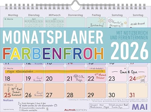 Alpha Edition - Monatsplaner 1M/S Farbenfroh 2026 – DIN A4 Wandkalender mit Monatsübersicht & Wochenzählung – praktischer Büro- und Familienplaner