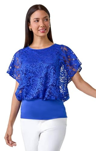 Roman Originals Lace Stretch Banded Hem Top for Women UK - Ladies Everyday Holiday Spring Summer Round Neckline Comfy Soft Evening Vacation Work Party - Royal Blue - Size 14