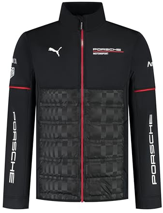 PUMA Porsche Motorsport Men's Team Hybrid Jacket with woven upper - Black | Padded lower section for ultimate comfort, Wordmark logo print on back and lower sleeves, Reflective print on back panel