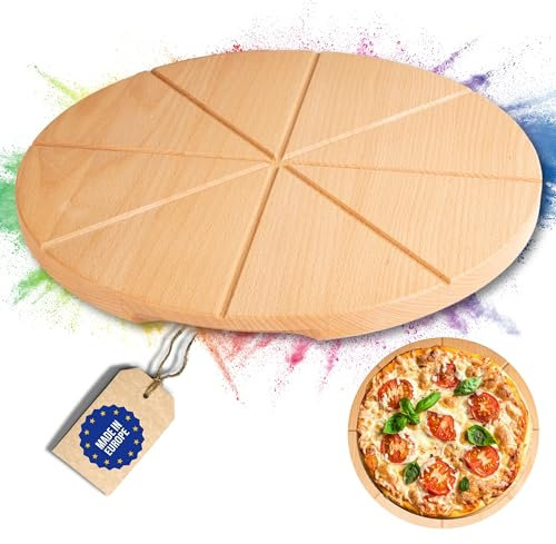 Astrein® Tabla para pizza de madera de haya maciza, plato grande para pizza, tabla de madera redonda, accesorios para pizza, 35 cm, juego de pizza, pastel flameado, fabricado en Europa