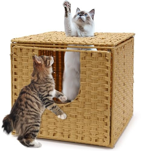 GHWMYD Katzenschrank, Katzentoilette, Handgewebte Versteckte Katzentoilettenmöbel, Katzenhaus mit Tür und separater Trennwand, Katzenhöhle 50 x 52 x 46 cm